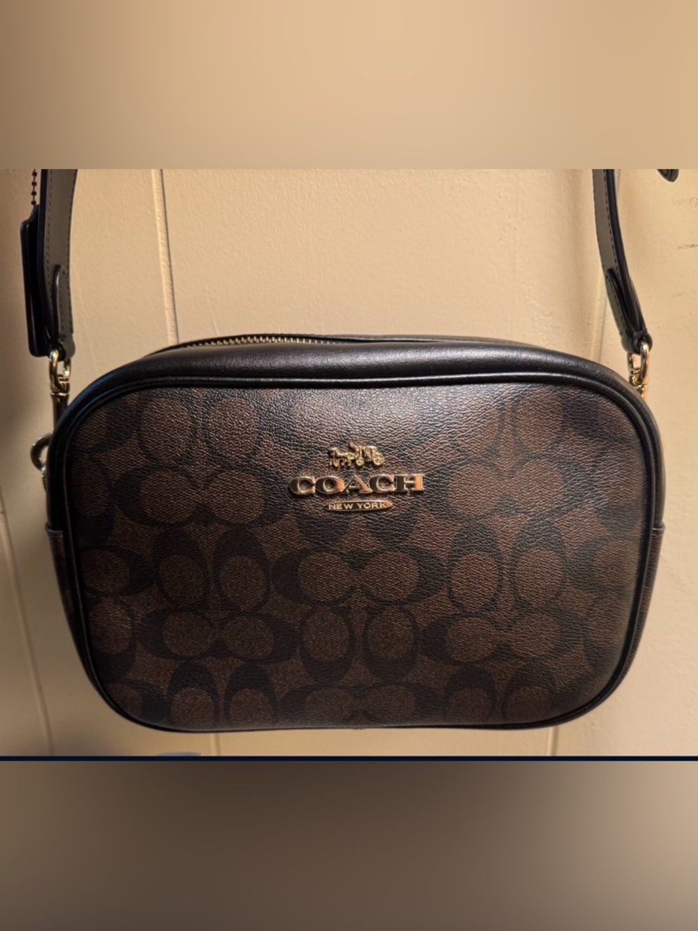 COACH Brown Signature Canvas Crossbody with Gold Tone Logo